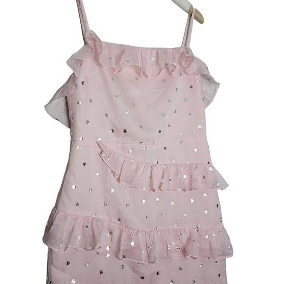 Lovers + Friends Pink Ruffle Dress Size Medium Silver Hearts - Picture 2 of 7